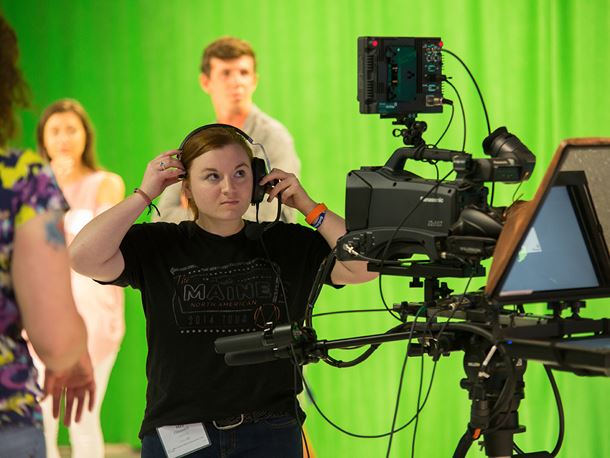 People in the TV production room at Endicott College orientation
