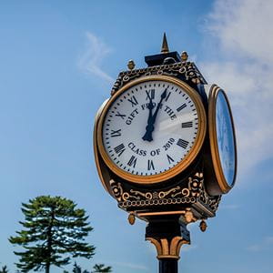 angled photograph of clock which was 2010 senior class gift to endicott