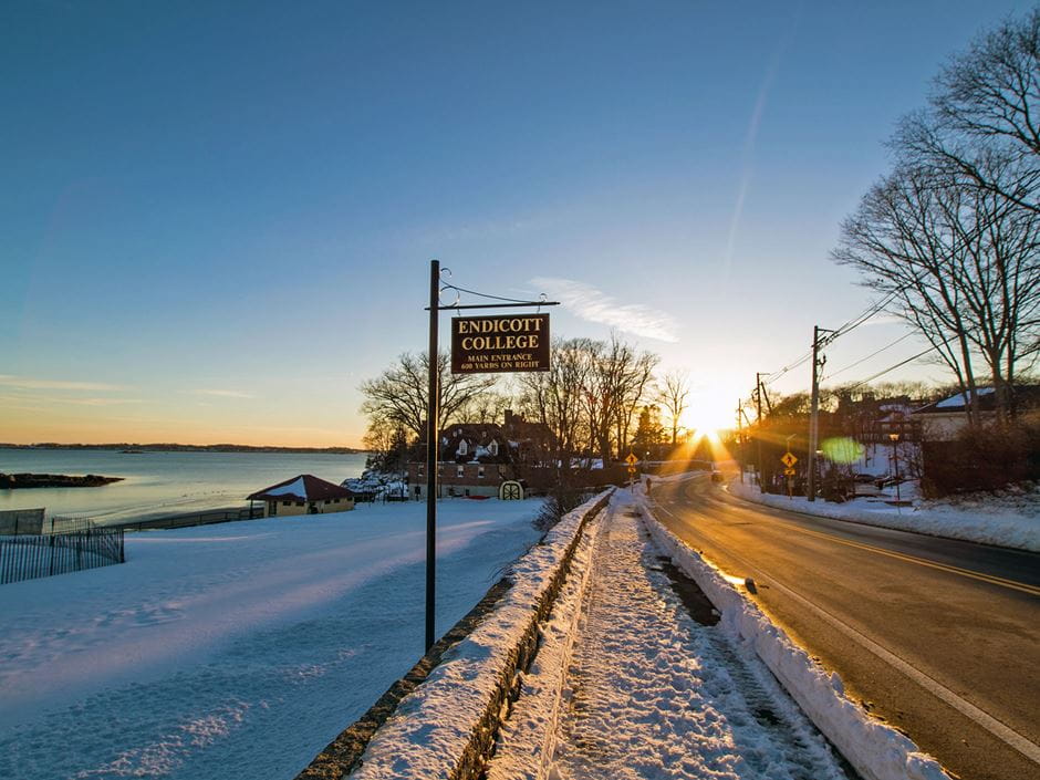 View of an Endicott College sign on Hale Street in Beverly