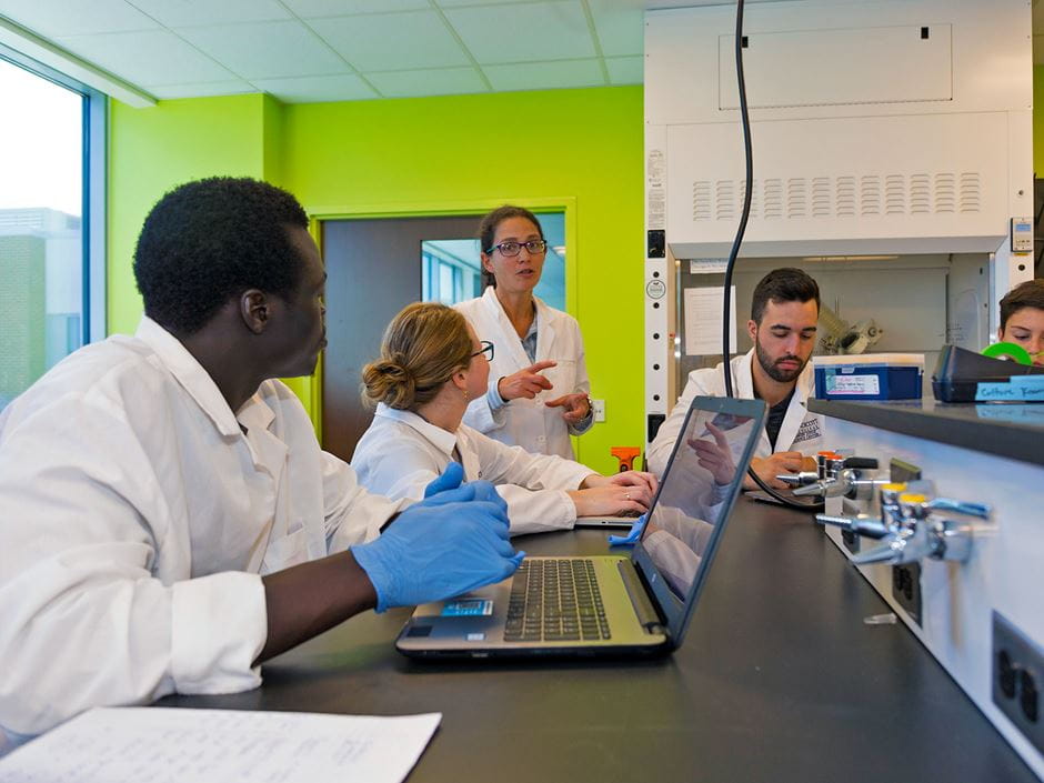 Professor teaches students in a lab setting