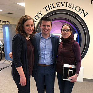 Professors Ellie Pye (left) and Lara Salahi (right) with
alumnus Matt Leighton '18 at Lynn Community TV