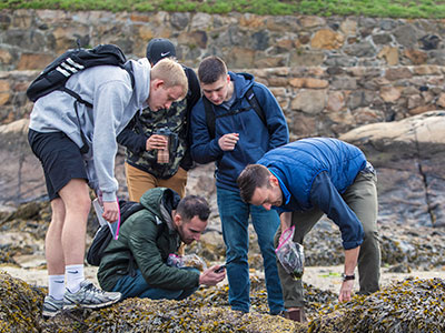 Assistant Professor Gordon Ober with environmental science students on the beach