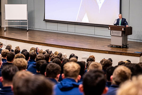 Steven R. DiSalvo introduces Don McPherson in the Cleary Lecture Hall