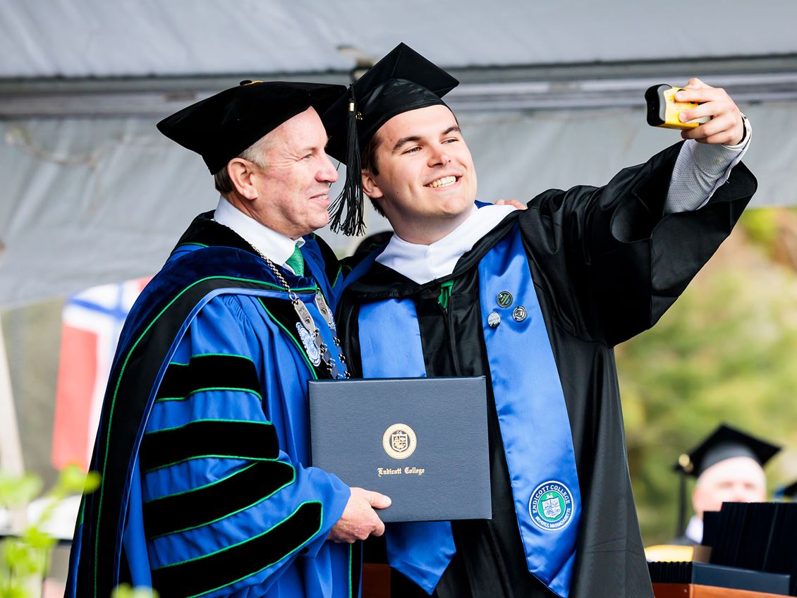 Joy enveloped the Nest as more than 1,000 Gulls graduated at Endicott’s 84th Commencement on May 18, and Commencement speaker Chris Christie, former governor of New Jersey, encouraged graduates to get off their phones and start living face-to-face. 