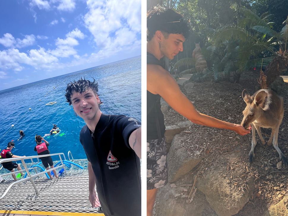Ryan Childress ’26 getting ready to scuba dive in the Great Barrier Reef in Australia, and Childress feeding a kangaroo