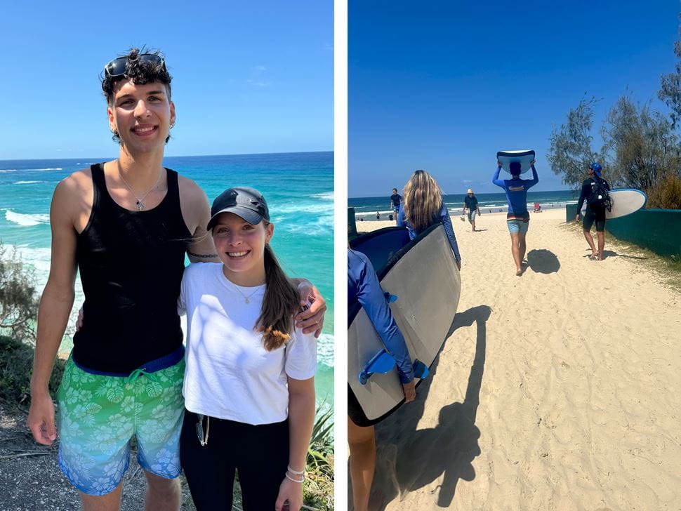 Ryan Childress ’26 and his friend Melanie and him on his way to his first surf lesson