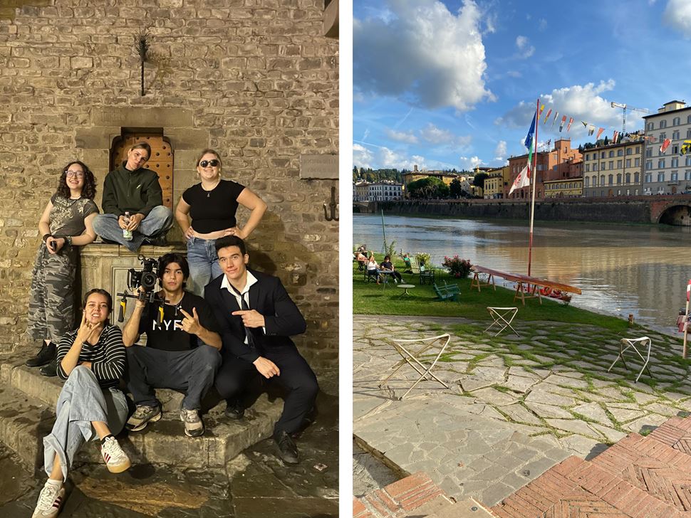 Brooke Rameaka ’26 with her film crew from her last project, and a snapshot from Florence’s rowing club patio