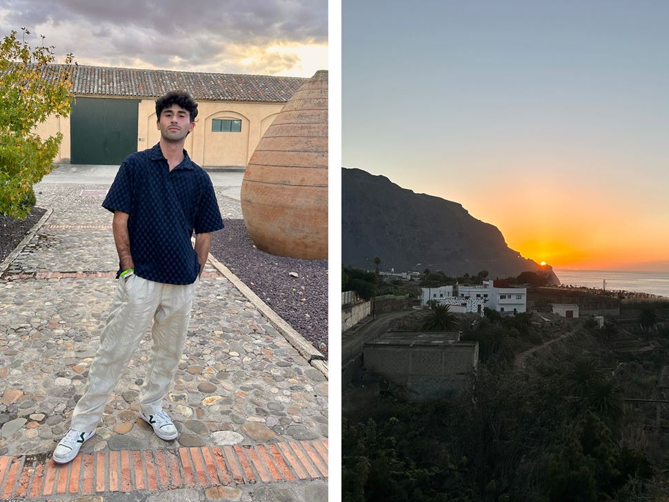 Adin Jepsky ’26 at a winery in Toledo, Spain, and a sunset view in the Canary Islands