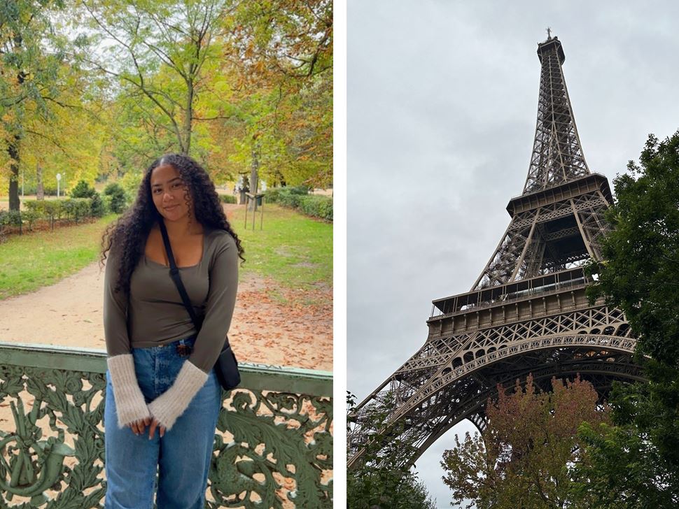 Vera Campaz ’26 under a gazebo at Parc de Bruxelles in Brussels, Belgium, and her photo of the Eiffel Tower in Paris