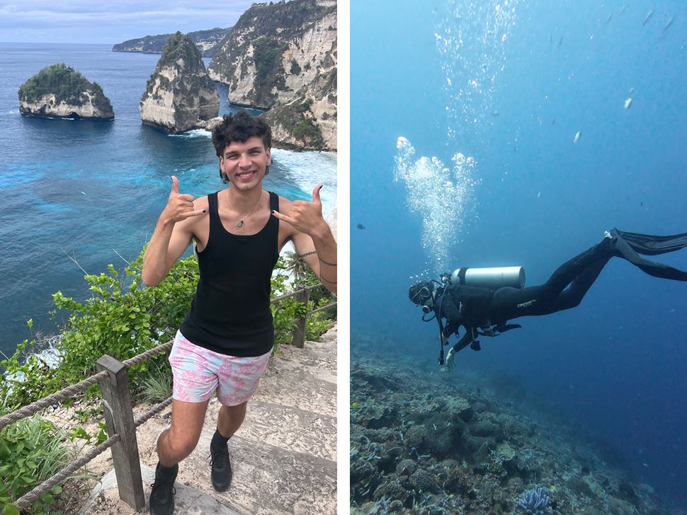 Ryan Childress ’26 at beautiful Crystal Bay in Bali, and him scuba diving in a coral reef off of Nusa Penida