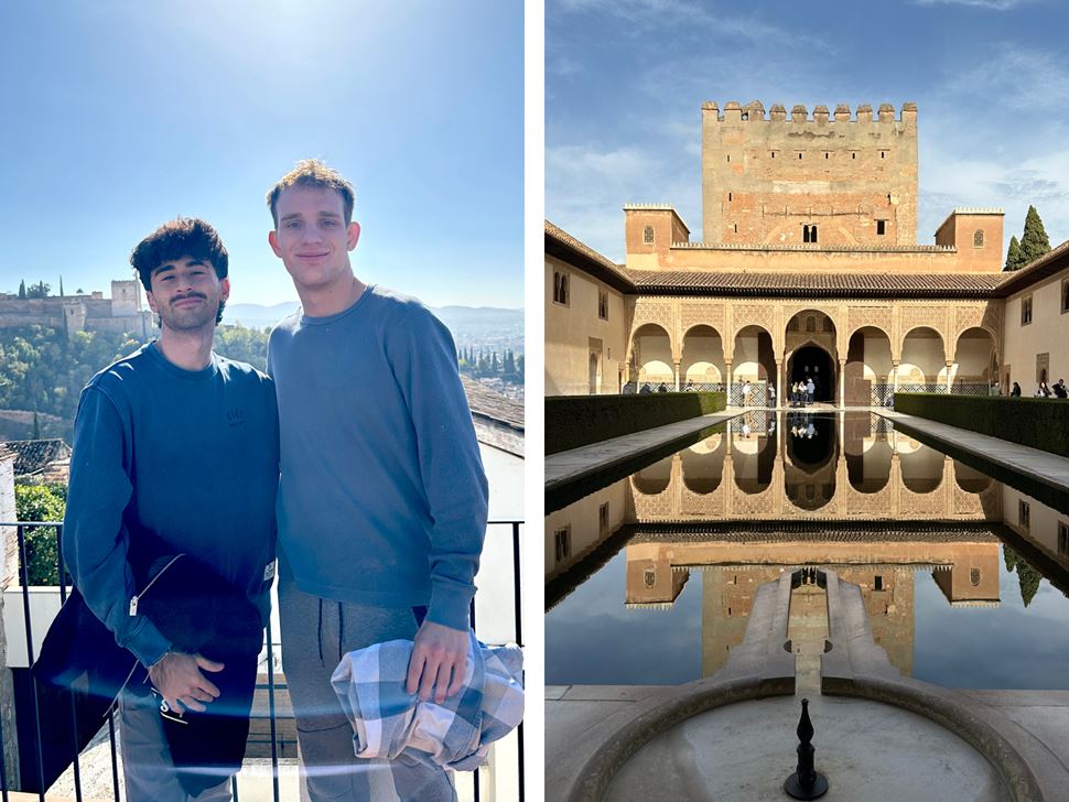 Adin Jepsky ’26 and a friend in front of the Alhambra in Spain, and a shot of the Patio de Comares o de los Arrayanes