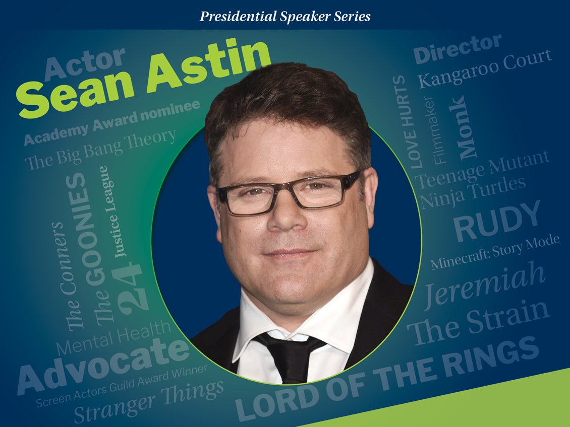 Headshot of Sean Astin, actor, producer, and activist as part of the Endicott Presidential Speaker Series
