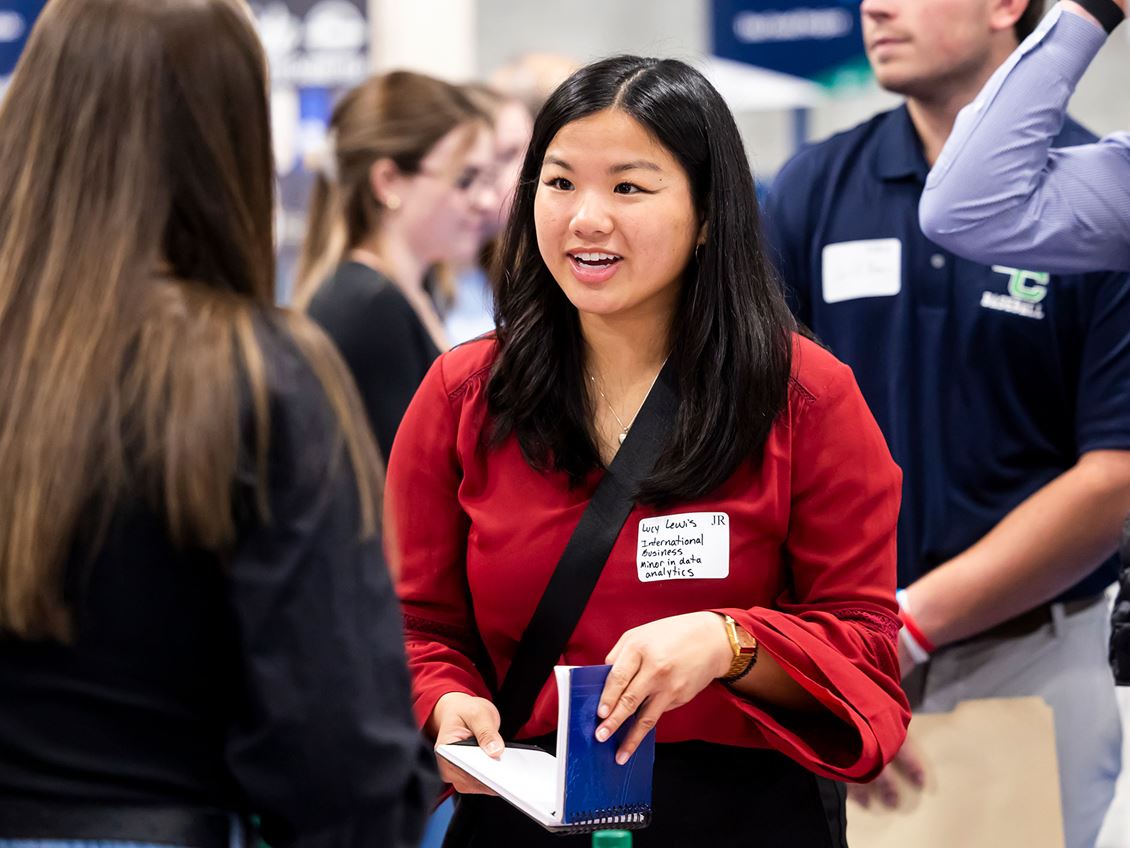 An Endicott student at a career fair