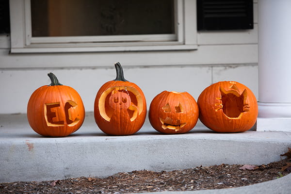 A row or carved pumpkins