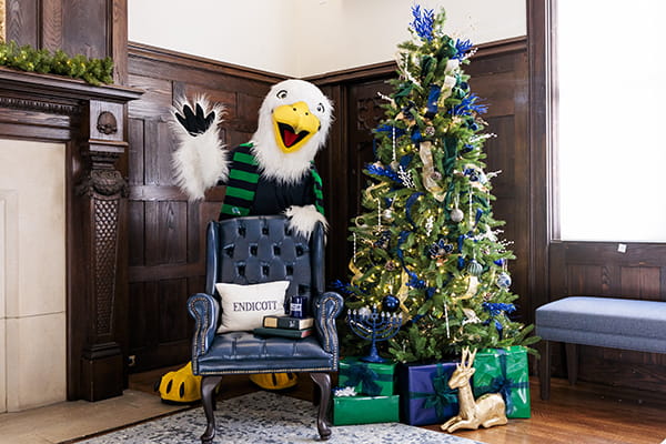 Endicott's mascot, Gully by a Christmas tree and gifts