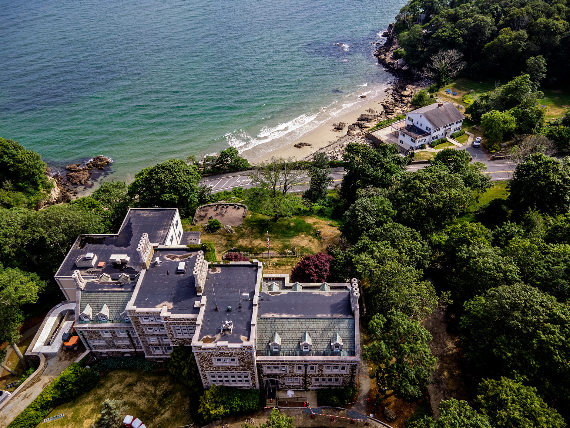 A coastal aerial photo of Endicott College in Beverly, Mass. 