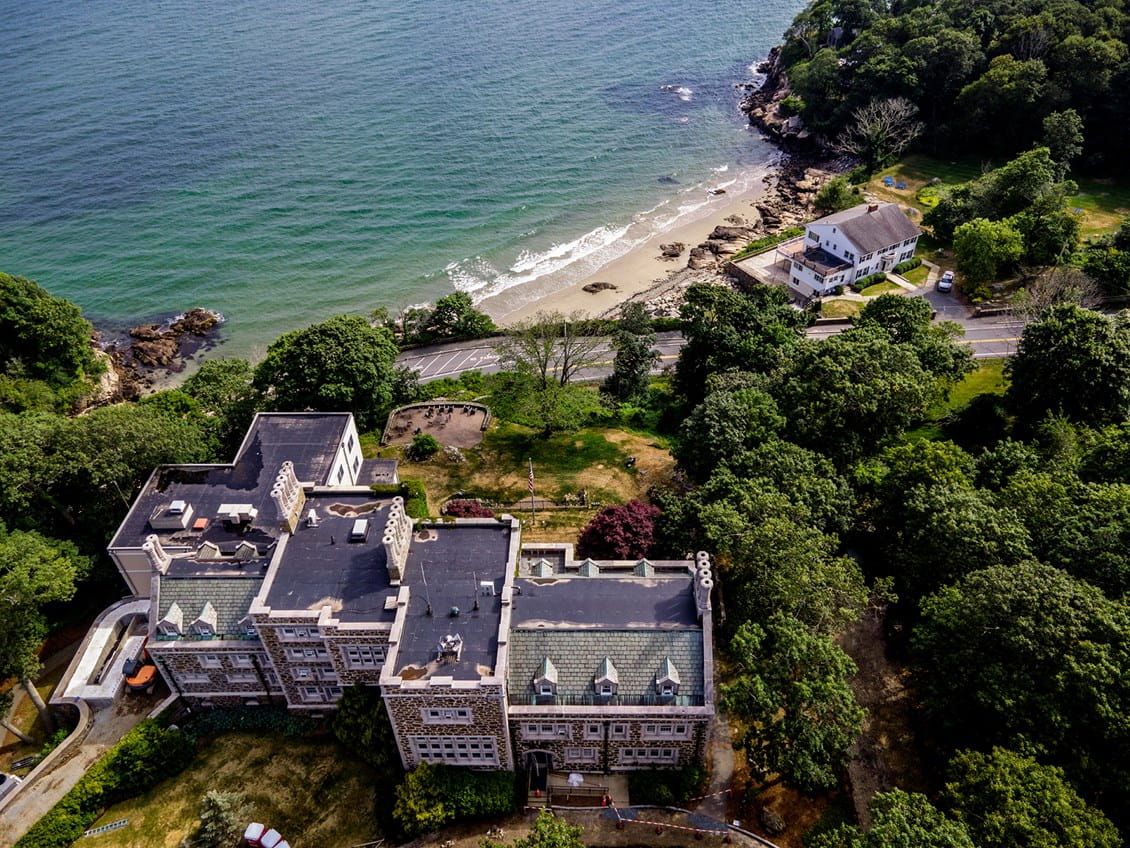 A coastal aerial photo of Endicott College in Beverly, Mass. 