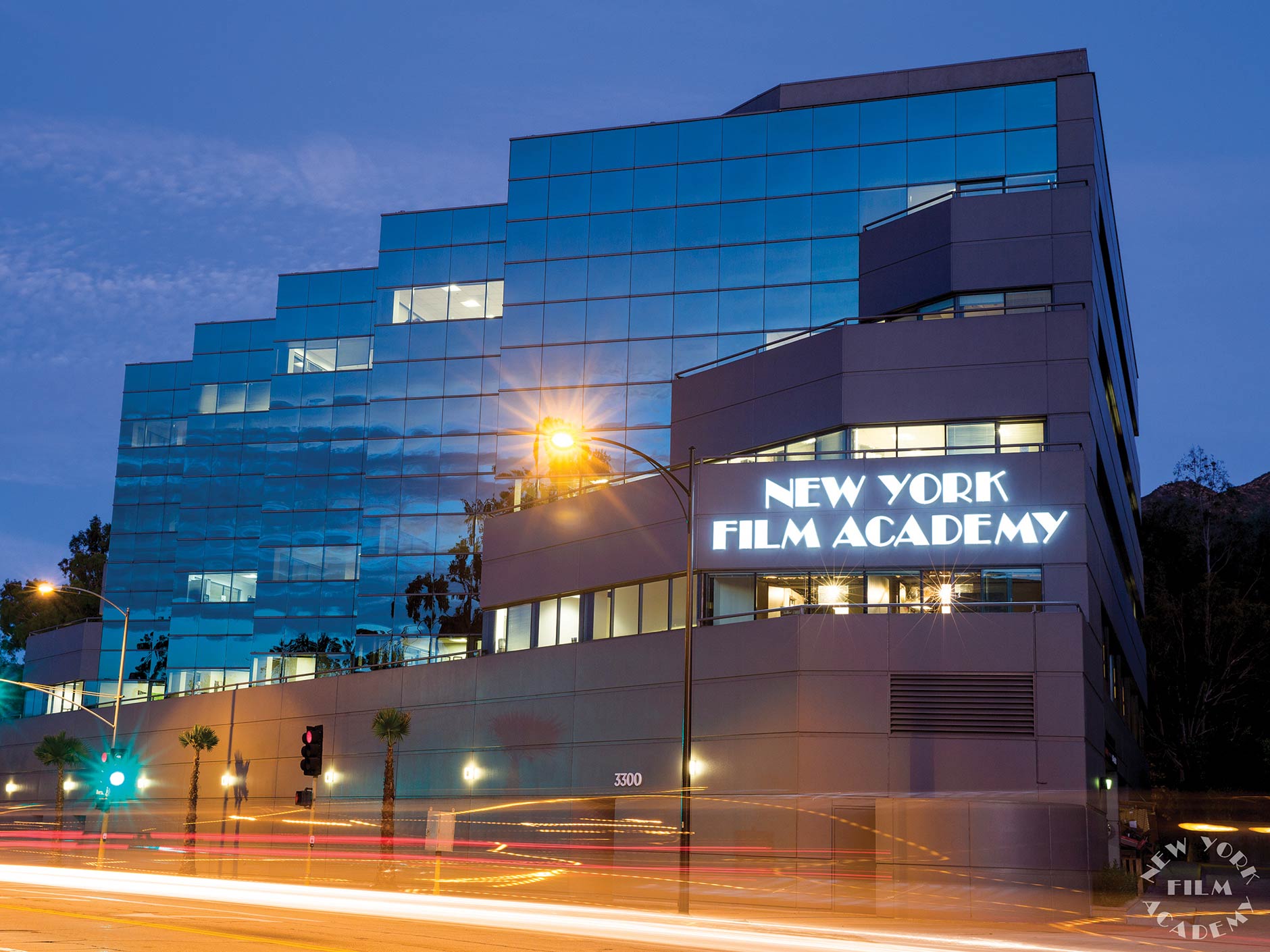 Evening view of the front of the New York Film Academy building 