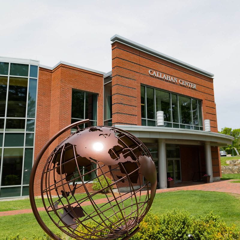 angled shot of callahan center and globe in front of building