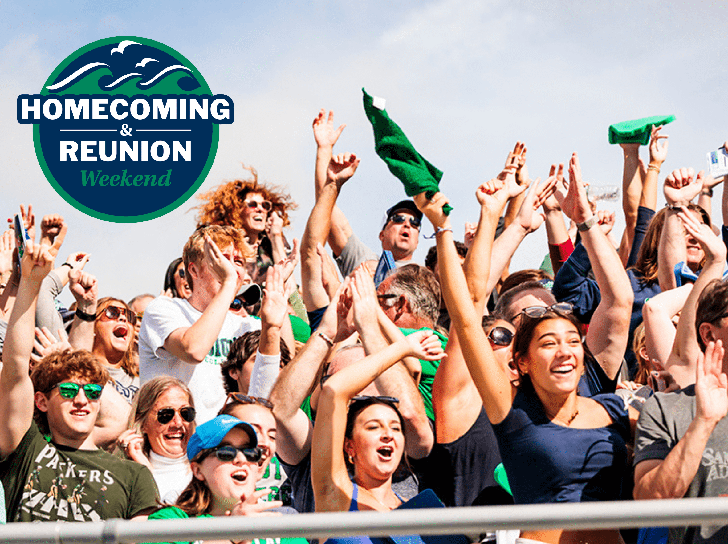 Fans cheering at Homecoming & Reunion Weekend with the event logo overlay.